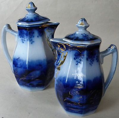 BLUE Antique Pitchers Jugs Octagonal Birds Amberg Villeroy Germany