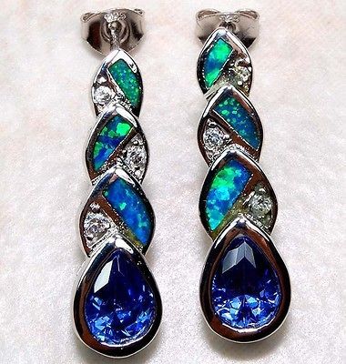 Australian Opal & Tanzanite 925 Solid Sterling Silver Earrings