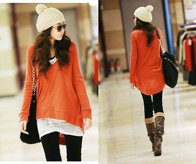 TRENDY MULLET LONG SLEEVE ASYMMETRIC HEM T SHIRT TOP ORANGE S/M