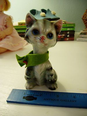 Gray Cat w/ Big Blue Eyes Wearing a Felt Collar, Vintage Nursery Decor
