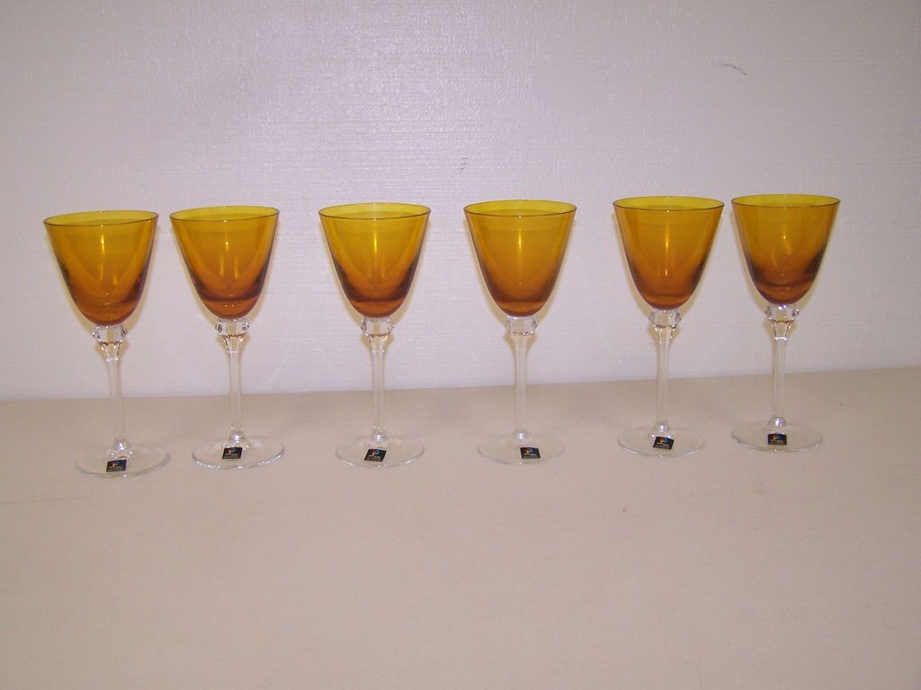 VINTAGE MARC AUREL AMBER COLOR CRYSTAL WINE GLASSES ROMER BOLERO SET