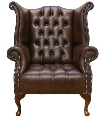 Buttoned Seat Fireside Queen Anne High Back Wing Chair Brown