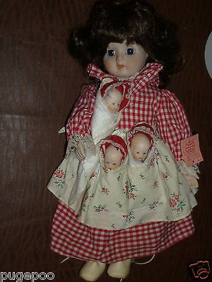 Brinns Porcelain Mom Mother w Triplets 3 Babies in Apron Dolls 1986