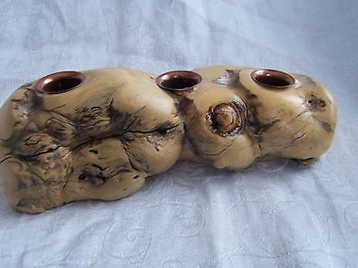 VINTAGE HANDMADE BURL BURLWOOD WOOD CANDLEHOLDER 3 taper natural olive