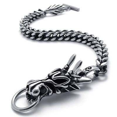 Vintage Silver Black Tone Dragon Stainless Steel Link Mens Bracelet 8