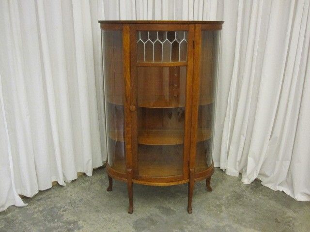 Antique China Curio Cabinet Hutch w Leaded Glass Panel Curved Sides ¼