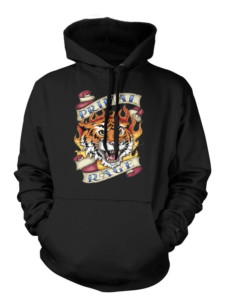 Primal Rage Vintage Style Tiger Head Tattoo Design With Flames Hoodie