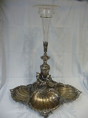 MAGNIFICENT ANTIQUE WMF SILVERPLATE CENTERPIECE/EPERGNE w/CRYSTAL VASE