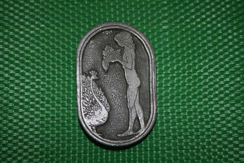 1970s Beardsley Belt Buckle Women Next To Peacock