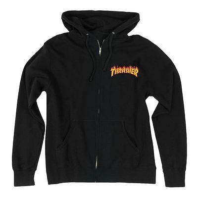 Thrasher Magazine EMBROIDERED FLAMES LOGO ZIP UP Skateboard Hoodie