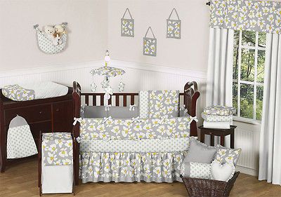 YELLOW GRAY AND WHITE FLORAL BABY GIRL FLOWER GREY BEDDING CRIB SET