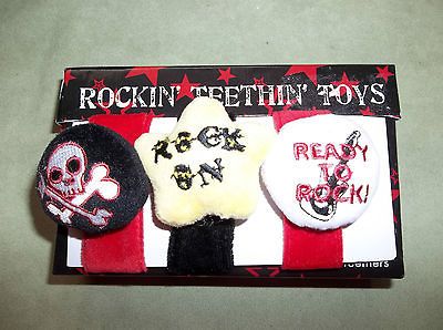 Teething Wristlet Bracelets Rattle 3 Pce Set Rock N Roll Toy Skull