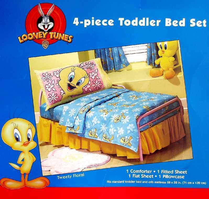 TWEETY BIRD BLUE FLORAL COMFORTER SHEETS 4PC TODDLER BEDDING SET NEW