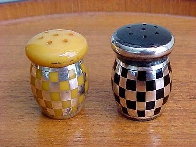 SET OF 2 VERY OLD CHECKERED BAKELITE SALT & PEPPER S&P