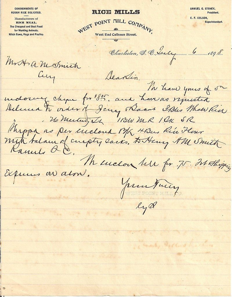 1898 Charleston, S.C. Rice Mills Letter