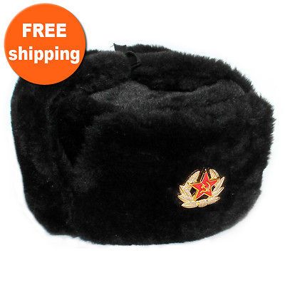 USHANKA HAT BLACK WINTER SOVIET STAR BADGE EMBLEM S, M, L, XL, XXL