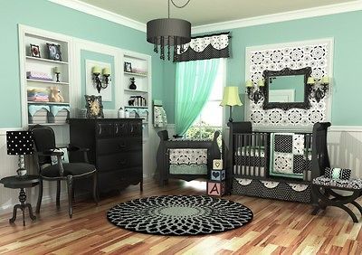 VALUE 10PC BLACK WHITE & BLUE GIRL CRIB NURSERY BEDDING TURQUOISE