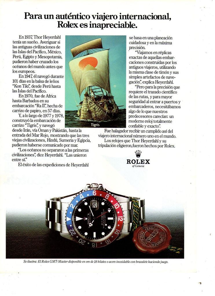 1983 ROLEX WATCH THOR HEYERDAHL TIGRIS VINTAGE PRINT AD in SPANISH s2