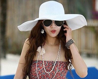 Womens White Wide Large Floppy Wire Brim Beach Big Sun Hat Garden Use