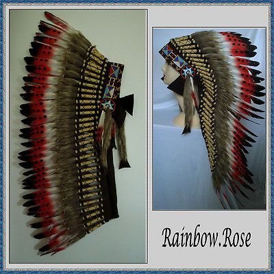 INDIAN CHIEF Headdress 80cm Red LIGHT BROWN fur Deluxe Native American