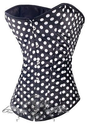 Sexy White & Black Soft Polka Dot Pin up Corset Set w Thigh Highs