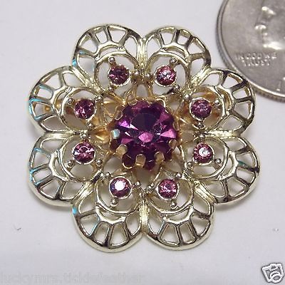 Vintage Purple Amethyst Rhinestone Filigree Flower Pin/Brooch