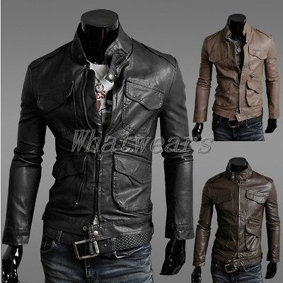 Sho Mens Casual Slim Fit PU Leather Biker Short Coat Jacket Zipper Up