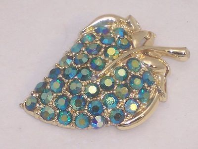 Vtg Teal Blue/Green AB Rhinestone Leaf Brooch