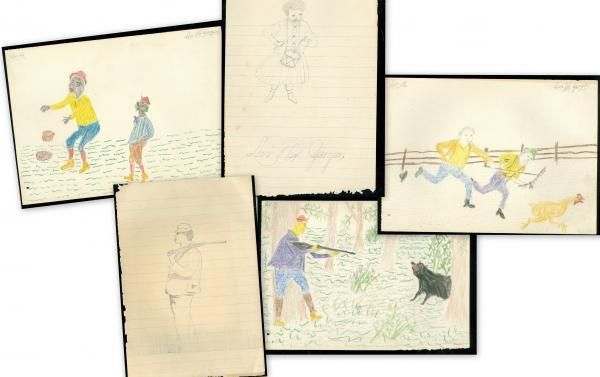 Charming Folk Art Boys & Outdoor Drawings of Levi Yerger c1885