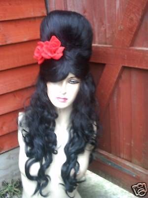 THE BEST AMY WINEHOUSE WIG LONG BLACK BEEHIVE + FLOWER