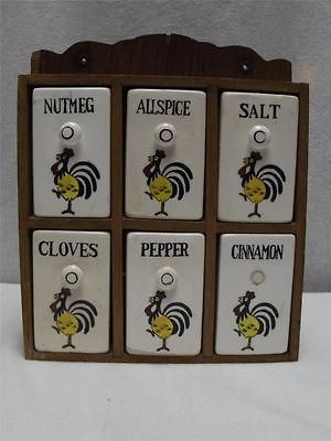 Crock Shaker Spice Jars, Rooster Design, in Wooden Hanging Rack