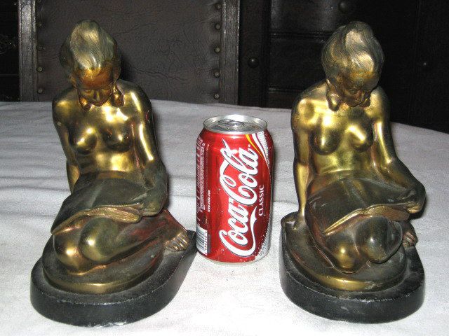 NUDE CHIC LADY RONSON ART DECO STATUE BOOKENDS SHABBY BRONZE BOOK