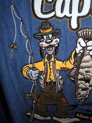 MENS WALT DISNEY WORLD FISHING CAPTAIN GOOFY BOAT DENIM LS SHIRT