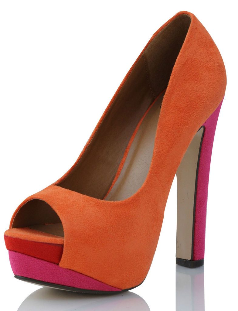 Coral Chunky Heel Pumps Color Block Coral Magenta Red