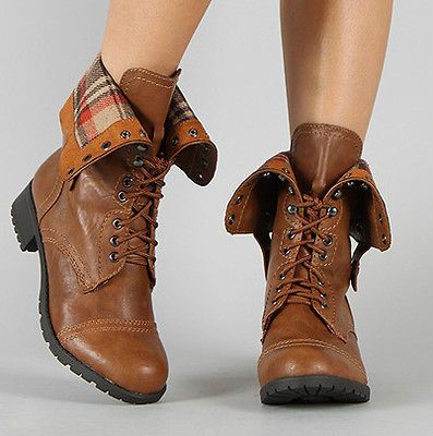 Womens Soda Low Heel Mid Calf Foldable Military Combat Boot Shoes NEW
