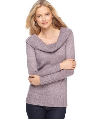 One A NEW Purple Marled Ribbed Trim Cowl Neck Long Sleeve Pullover