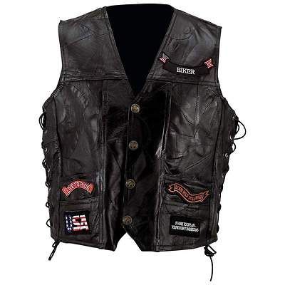 MENS MEN BLACK GENUINE BUFFALO LEATHER ROCK MOTORCYCLE USA BIKER VEST