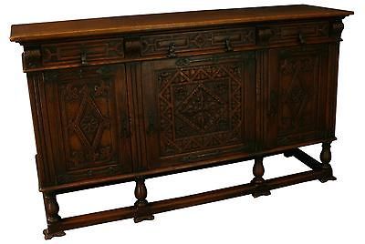 CARVED OAK SPANISH MISSION SIDEBOARD, WROUGHT IRON STYLE HARDWARE