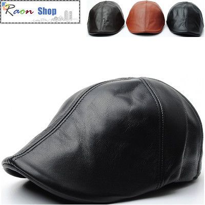 Real Leather Newsboy Ivy cap Black Fashion Gatsby Flat Golf Hat Cabbie