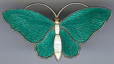 HOLMSEN NORWAY VINTAGE STERLING SILVER TEAL GREEN ENAMEL BUTTERFLY PIN