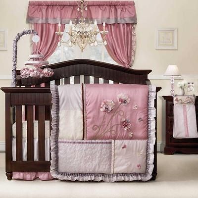 Light Pink Butterfly Flower Ruffle Nursery Bedding For Baby Girl 4pc