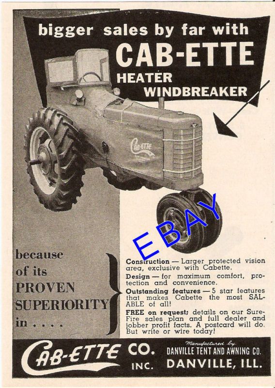 1953 CAB ETTE TRACTOR HEATER WINDBREAKER AD DANVILLE IL