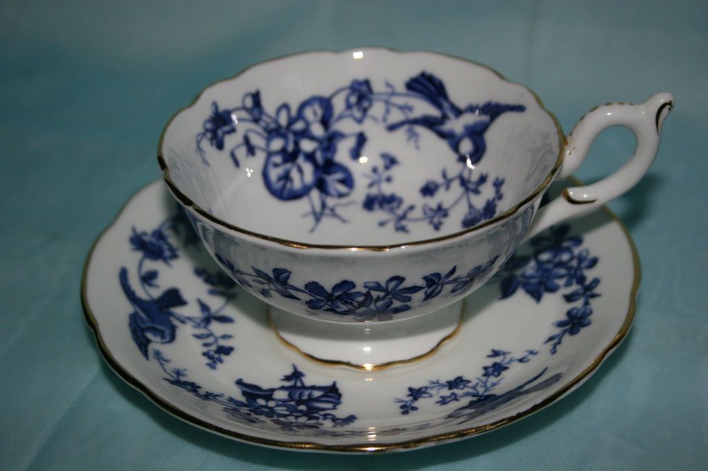 Coalport bone china cup saucer  Blue birds and flowers on white