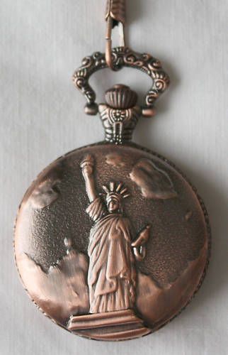 USA Statue of Liberty Carven embossed Chain Mens Pocketwatch vintage