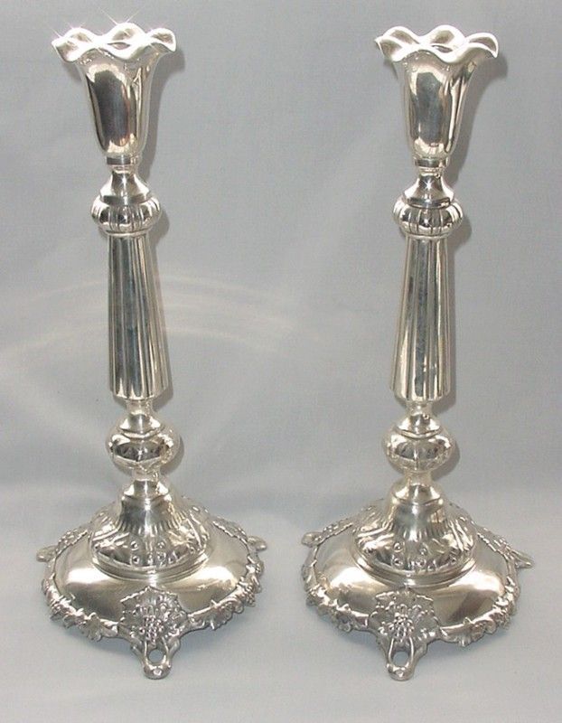 ANTIQ SILVERPLATE FRAGET N PLAQUE 2 CANDLESTICKS 14.5