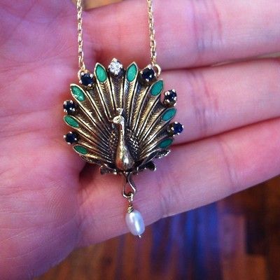 14k Yellow Gold Necklace Watch by Igor Carl Faberge █ Peacock Design