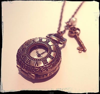 Alice in Wonderland Pocket Watch Necklace Key  Vintage Jewellery Anti