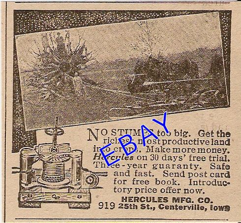 1917 HERCULES HORSE STUMP PULLER AD CENTERVILLE IOWA