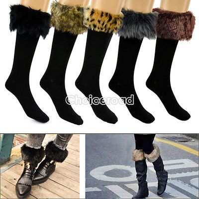 Cotton Socks On Faux Fur Cover Half Long Stockings Fit Boots Leopard