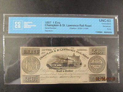 Champlain & St.Lawrence Rail Road   1 Ecu   1857   CCCS Graded   UNC